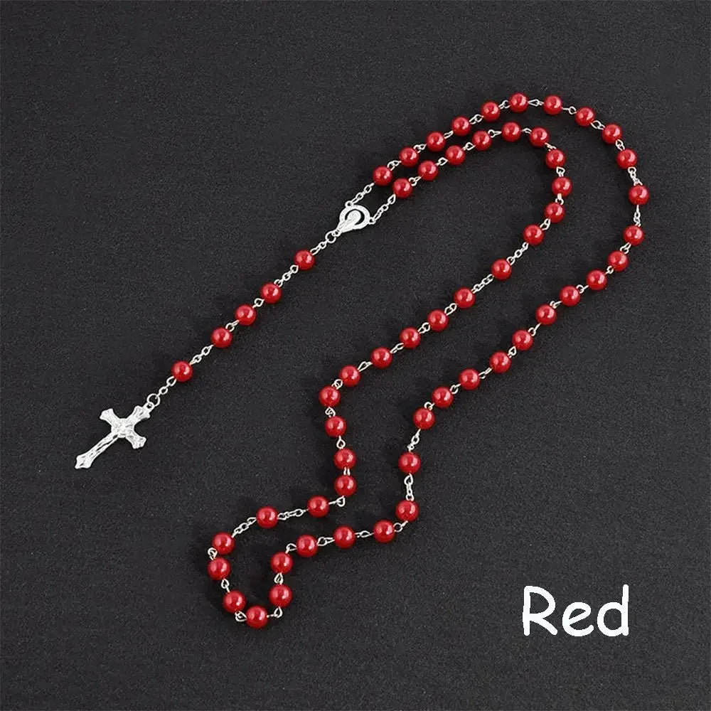 Vintage Cross Necklace Rosary Beads Chain