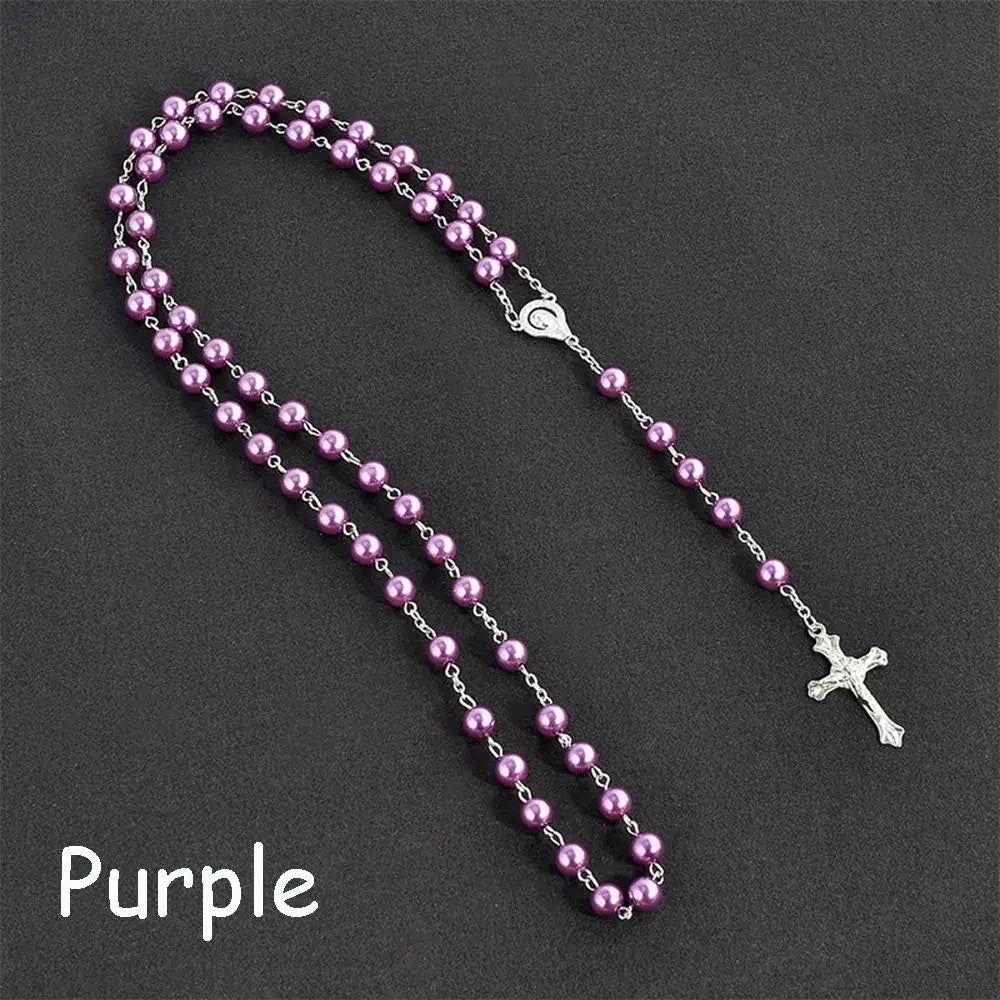 Vintage Cross Necklace Rosary Beads Chain