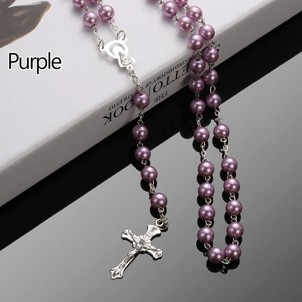 Vintage Cross Necklace Rosary Beads Chain