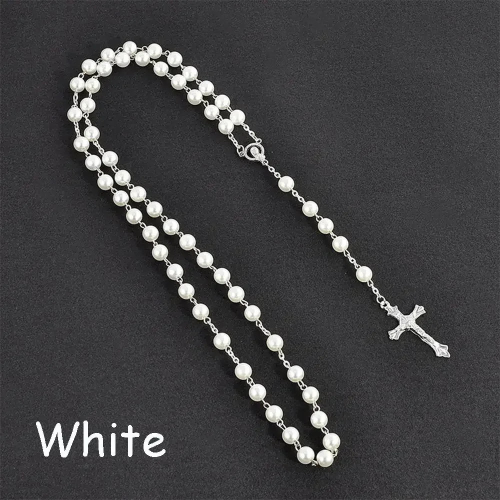 Vintage Cross Necklace Rosary Beads Chain