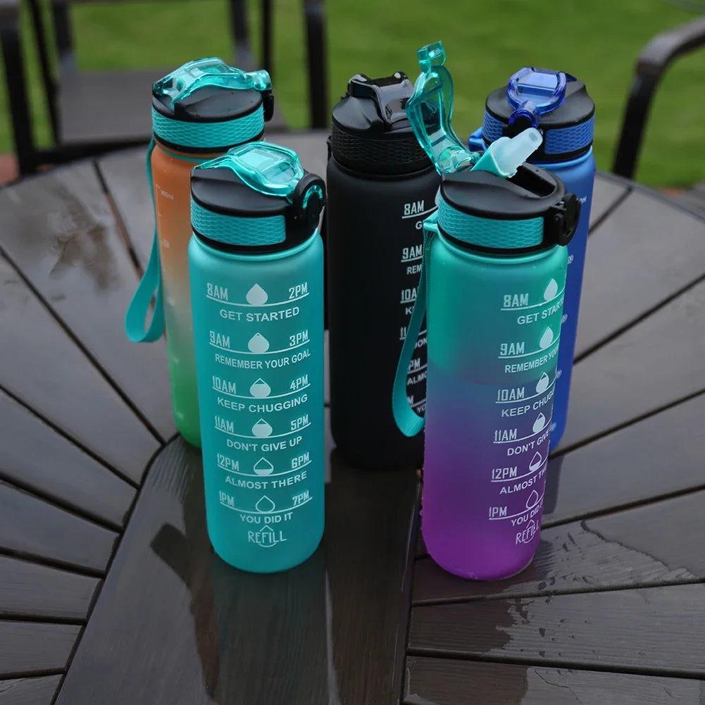 1L Motivational Sports Water Bottle with Straw & Time Scale — BPA-Free, Leakproof