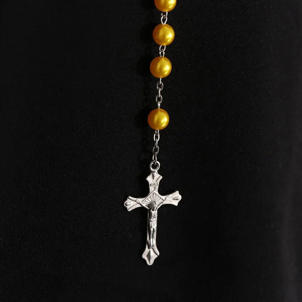 Vintage Cross Necklace Rosary Beads Chain