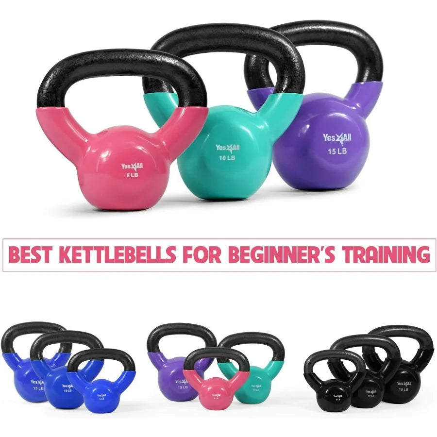 Vinyl Coated Cast Iron Kettlebell Set – 5, 10 & 15 lb Full Body Strength Training