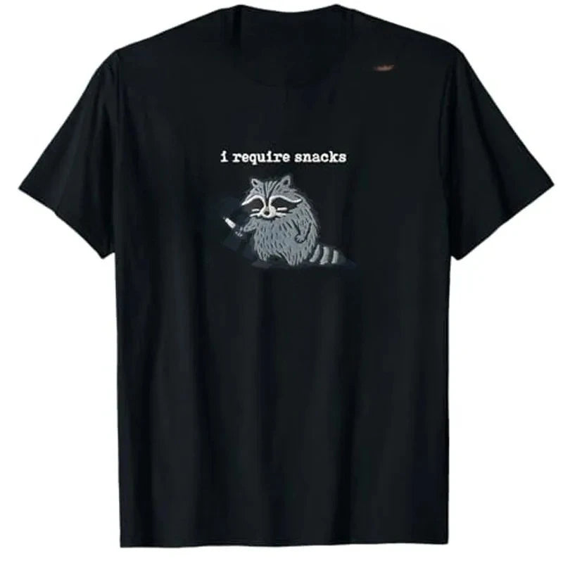 "I Require Snacks" Raccoon Graphic T-Shirt — Funny Y2K Animal Tee | Novelty Gift