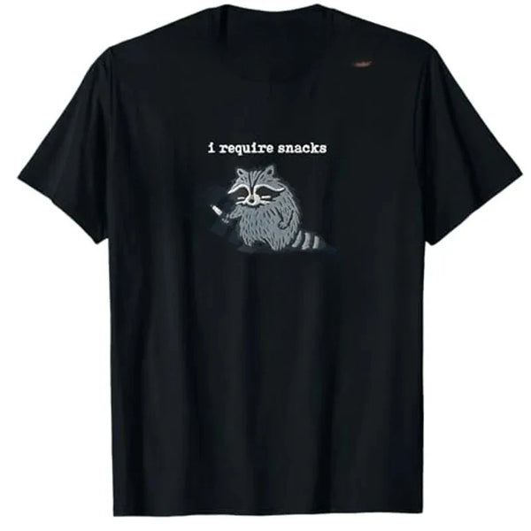 "I Require Snacks" Raccoon Graphic T-Shirt — Funny Y2K Animal Tee | Novelty Gift