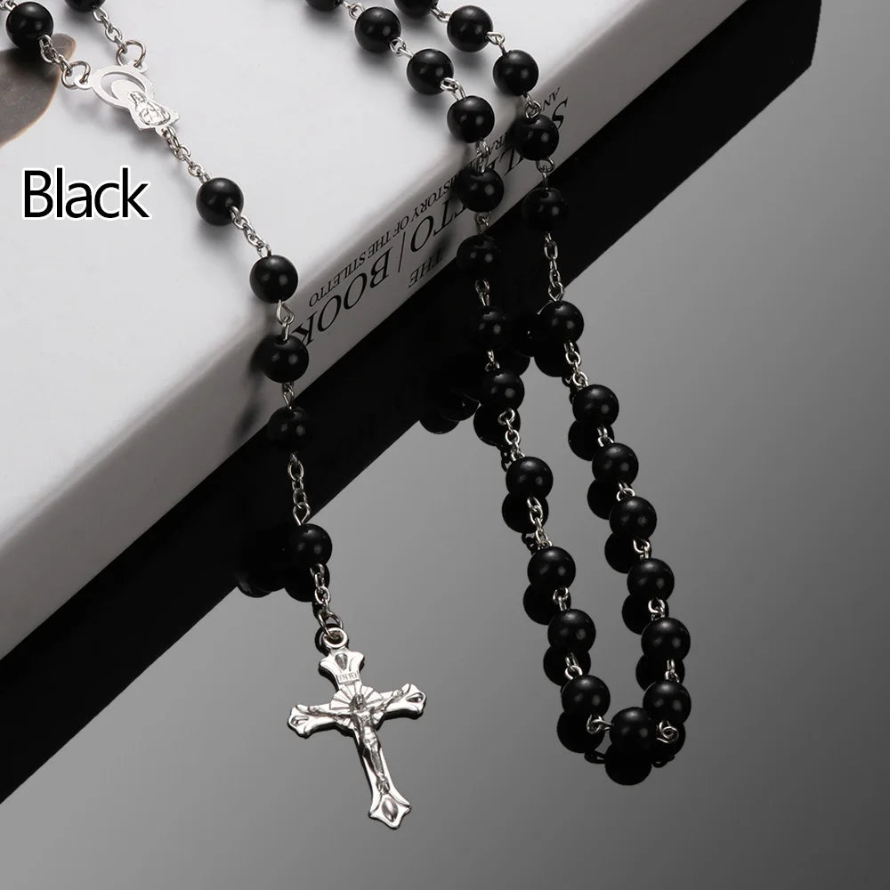 Vintage Cross Necklace Rosary Beads Chain