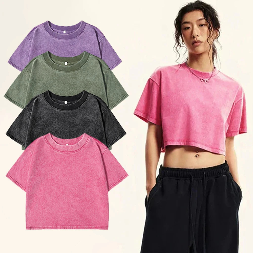 Women's Vintage Washed Crop T-Shirt – Soft 100% Cotton Streetwear Tee