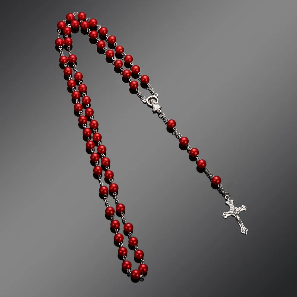 Vintage Cross Necklace Rosary Beads Chain