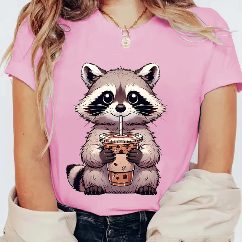 Trash Raccoon Latte Graphic T-Shirt — Women's Harajuku Cartoon Tee | 15 Colors