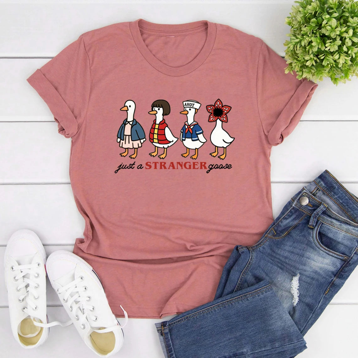 Just a Stranger Goose Graphic T-Shirt — Women's Funny Parody Tee | Streetwear Casual Top